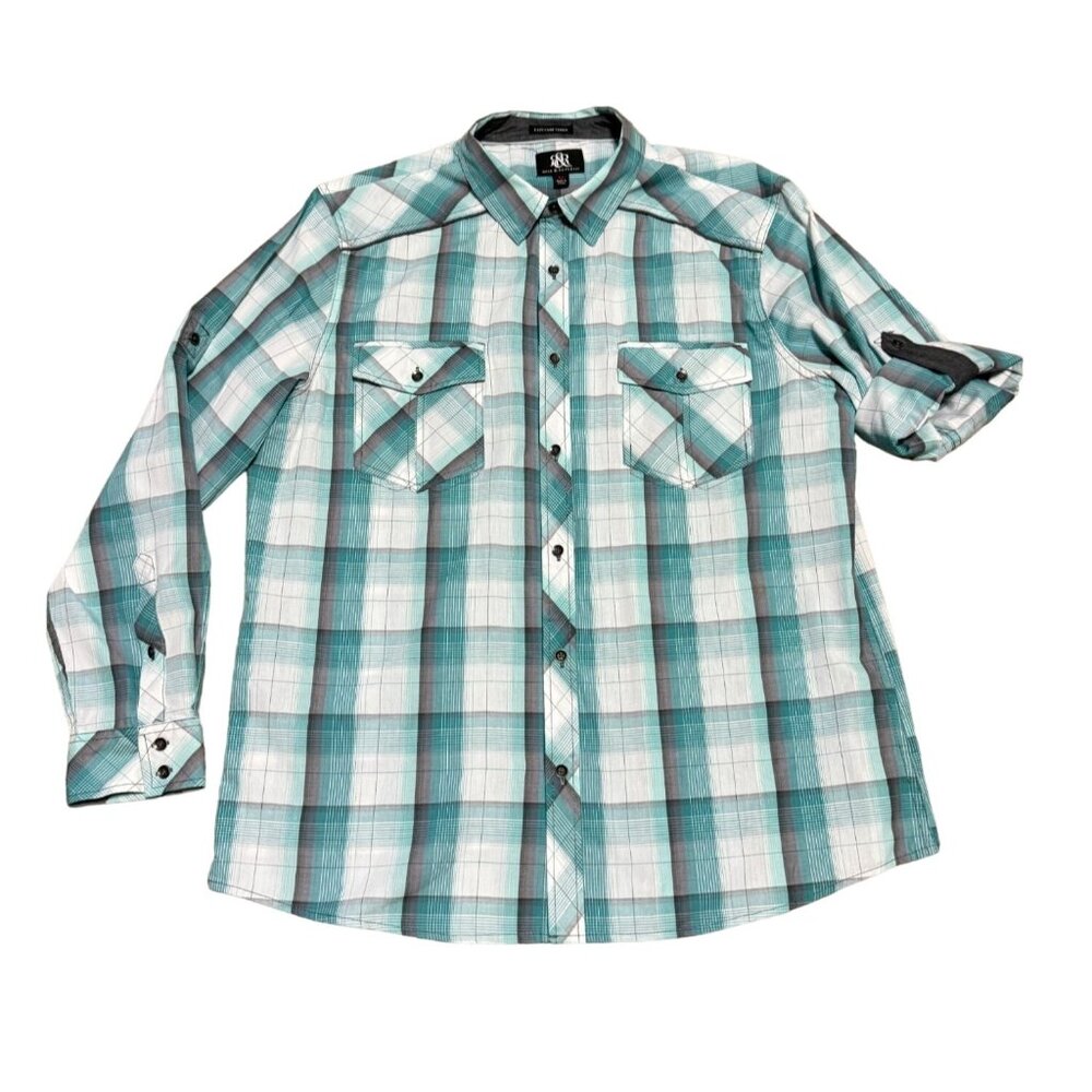 Rock & Republic Plaid Shirt Sz XL Long Sleeve Green White Roll Tab Sleeves Mens